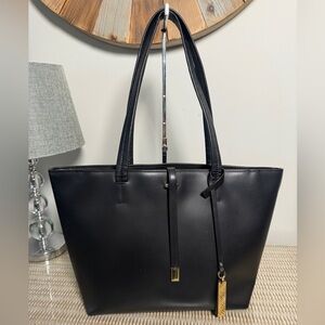 Vince Camuto Black and Gold Leather Tote with Structured Design